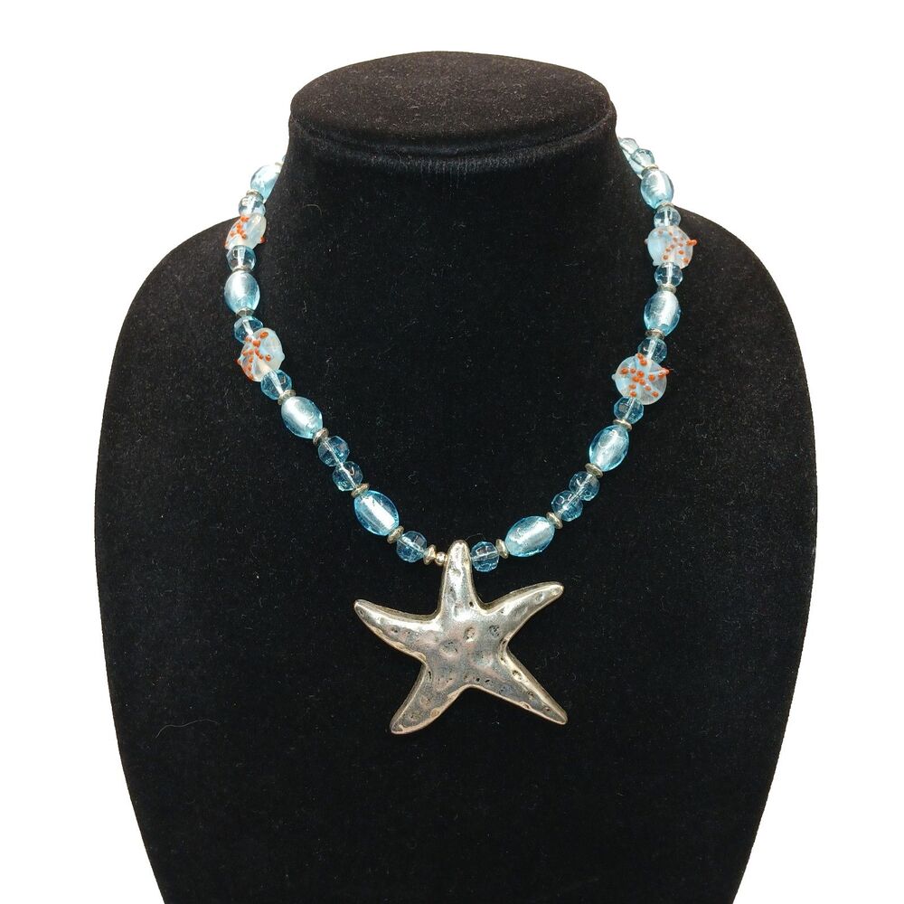 Starfish Pendant Necklace Blue w/ Silver Tone Starfish Handmade Beach OOAK 18 in